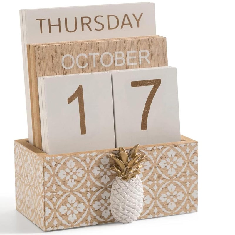 Aovdy Block Calendar for Desk 2025  Wood Desk Perpetual Calendar  Valentines Day Gift Daily Desktop Vintage Wooden Blocks for Home Farmhouse Office Aesthetic Decor Rustic Decoration Brown Pineapple - Image 1